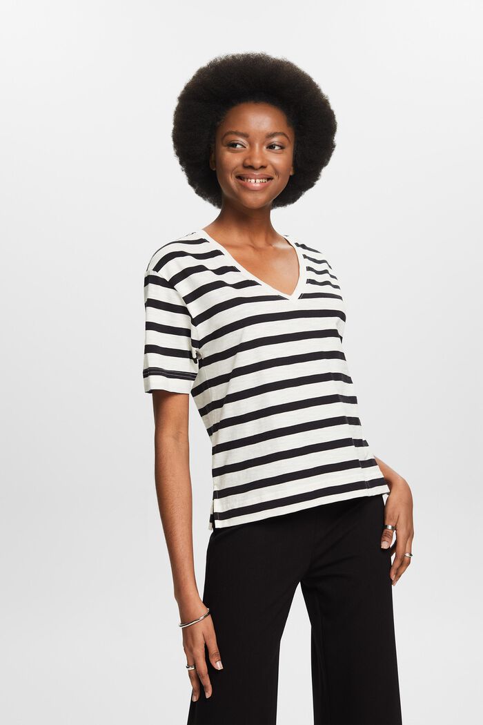 Striped V-Neck T-Shirt, BLACK, detail image number 0