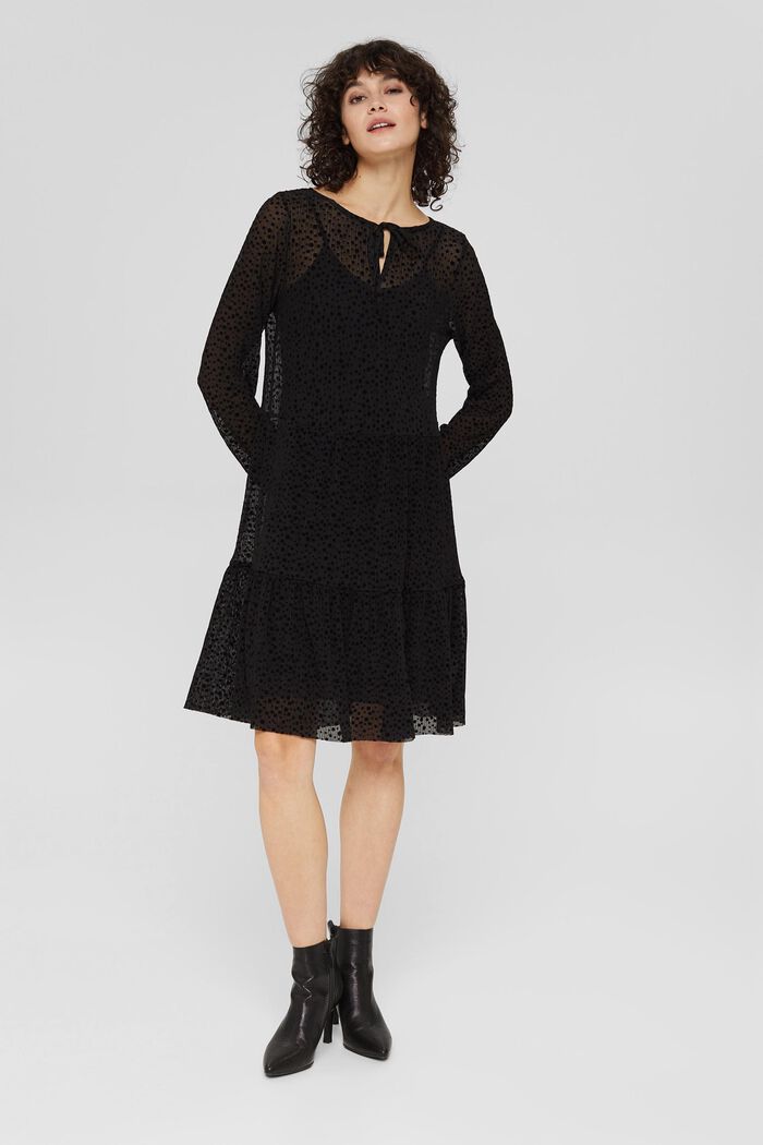 Polka dot mesh dress with flounces, BLACK, detail image number 6