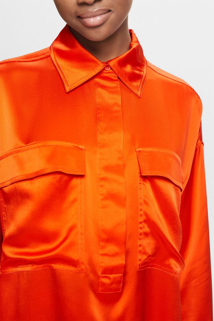 Silk Satin Shirt Blouse, BRIGHT ORANGE, detail image number 3