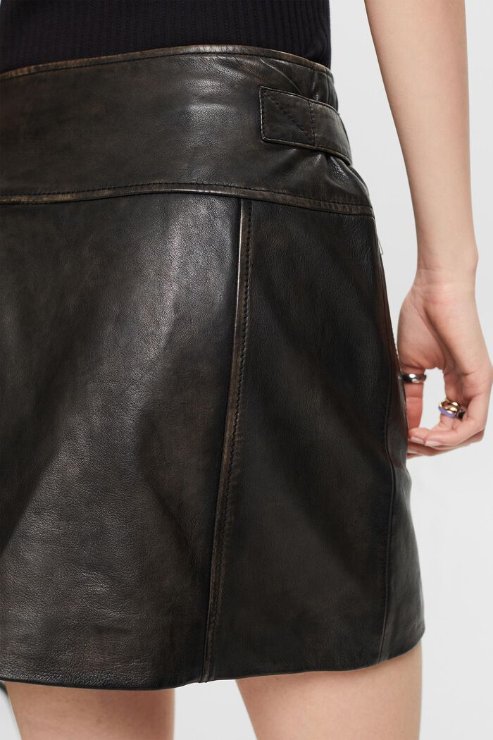 Asymmetric Zip Leather Mini Skirt, BLACK, detail image number 4