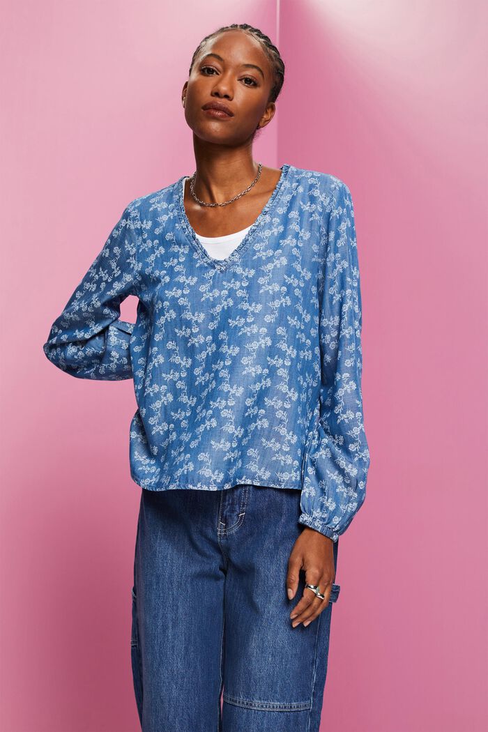 Patterned chambray blouse, TENCEL™, BLUE MEDIUM WASHED, detail image number 0