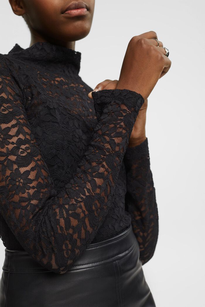 Cropped lace long sleeve top, BLACK, detail image number 2