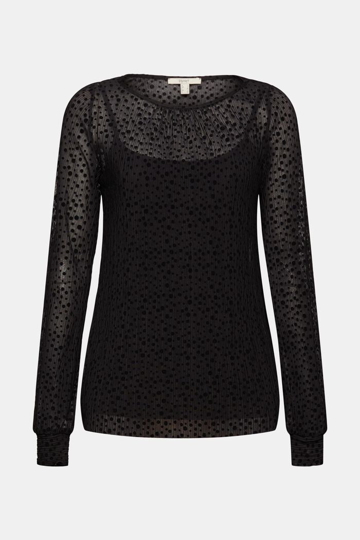 Mesh blouse with polka dots in a velvet look, BLACK, overview