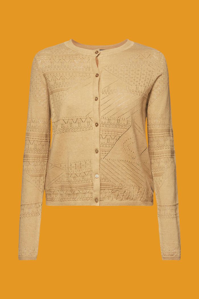 Linen blend cardigan in pointelle design, KHAKI BEIGE, detail image number 6
