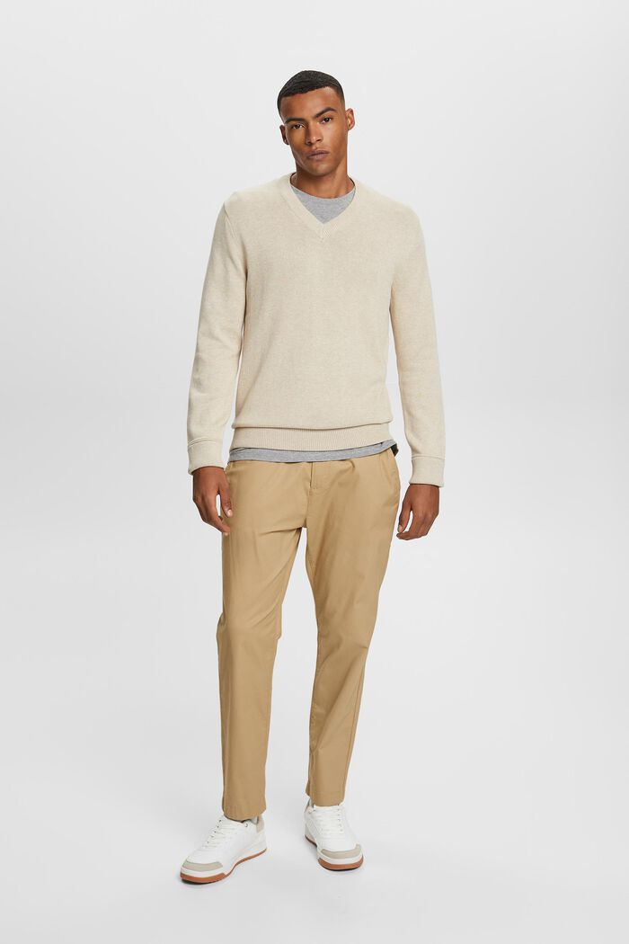 Cotton V-Neck Sweater, SAND, detail image number 1