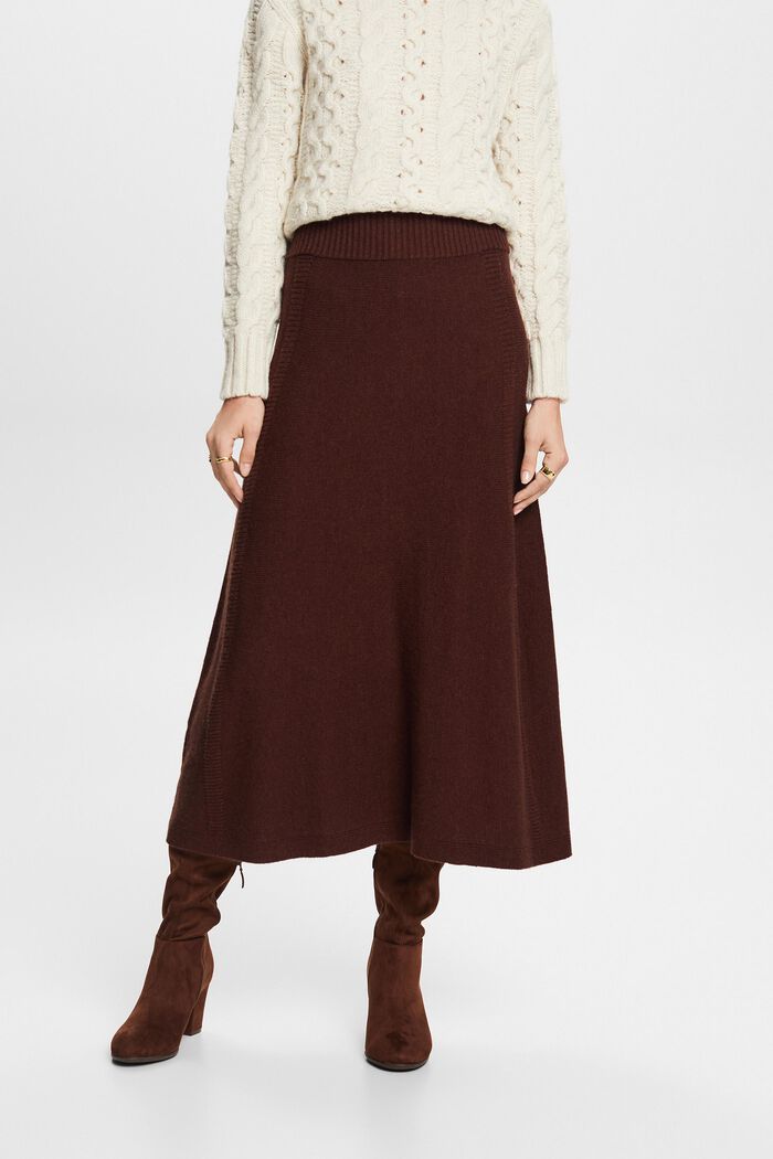 Knitted Wool-Blend Midi Skirt, BROWN, detail image number 0