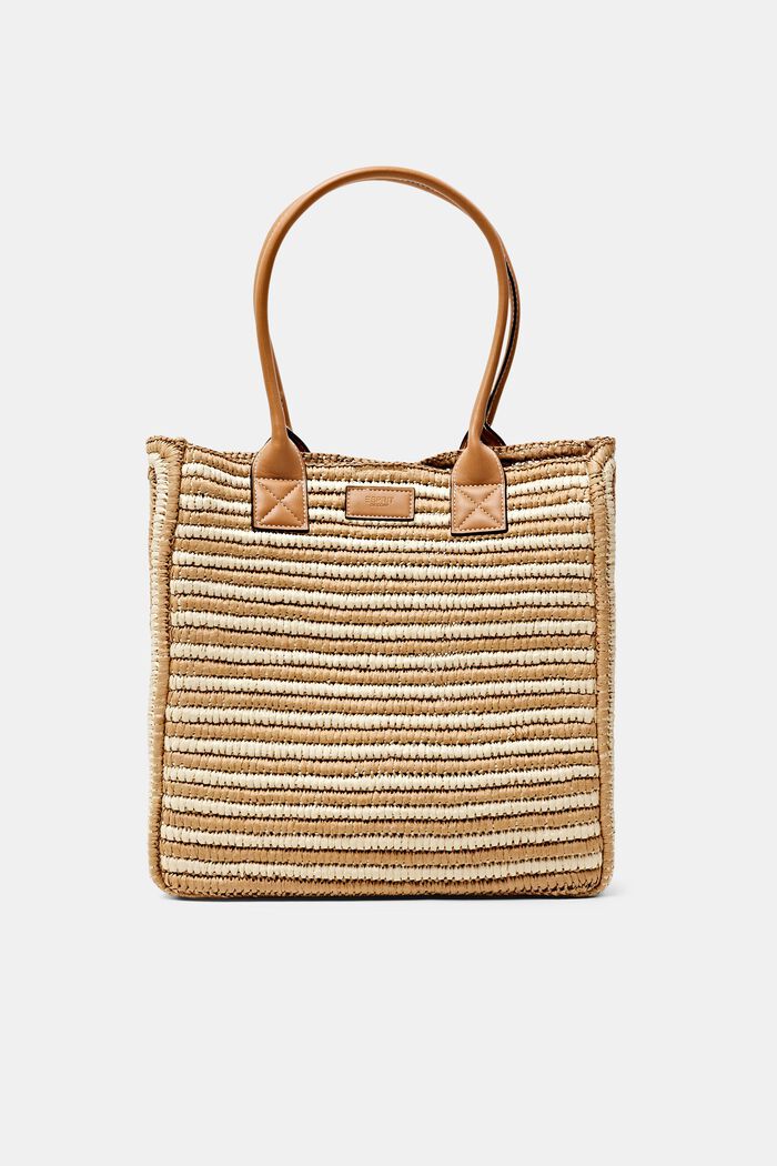 Raffia tote bag with faux leather handles, CAMEL, detail image number 0