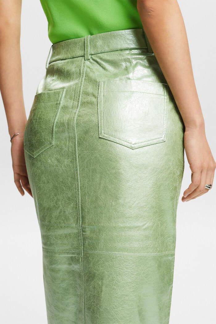 Coated Metallic Midi Skirt, LIGHT AQUA GREEN, detail image number 3