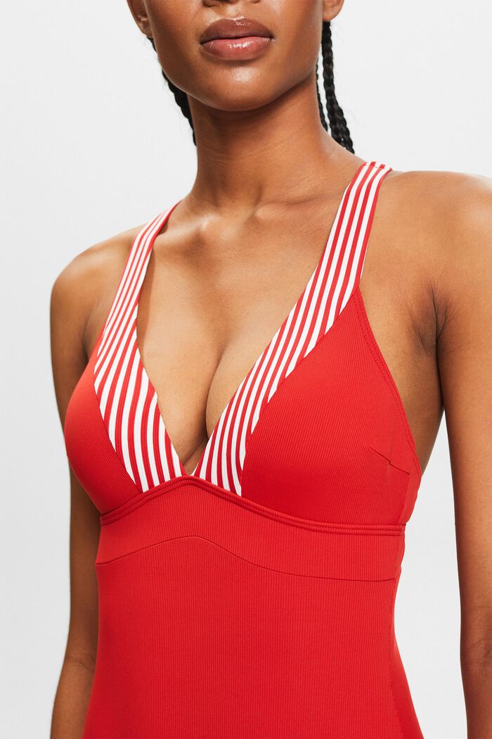 Striped One-Piece Swimsuit, DARK RED, detail image number 3