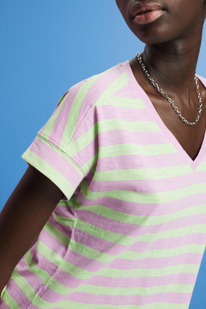 Striped v-neck cotton t-shirt, CITRUS GREEN, detail image number 2
