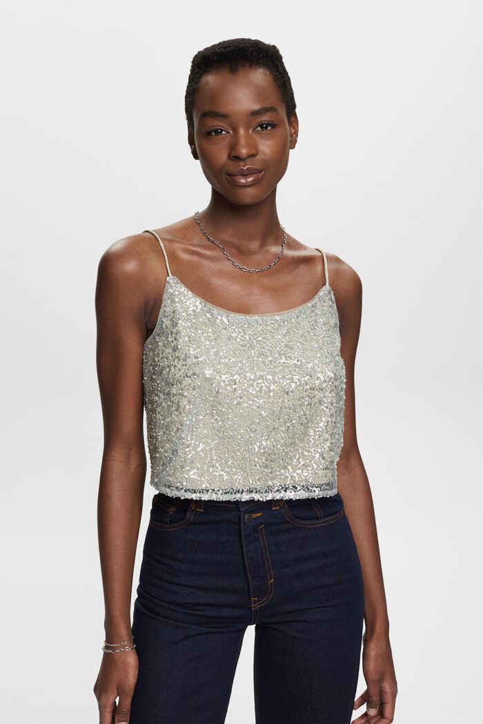 Sparkly sequin crop top, DUSTY GREEN, detail image number 0