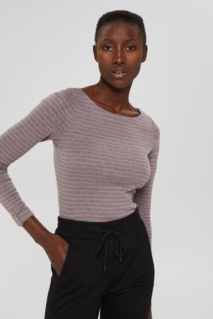Striped long sleeve top made of organic blended cotton, MAUVE, overview