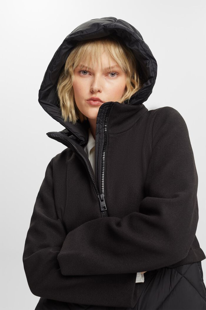 Mixed Material Hooded Coat, BLACK, detail image number 7