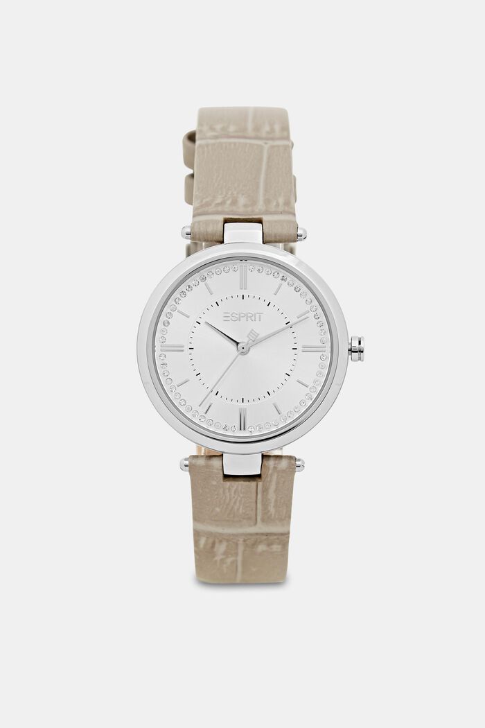 Stainless steel watch with a textured leather strap, GREY, detail image number 0