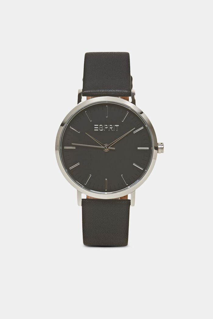 Stainless-steel watch with a leather strap, SILVER, detail image number 0