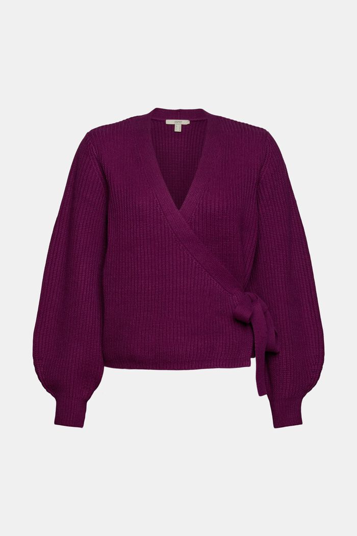 Wrap-over cardigan made of blended cotton, PLUM RED, overview