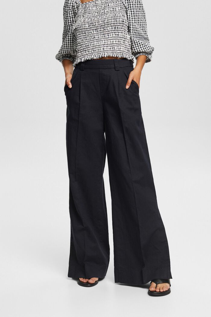 Linen blend: wide-leg trousers with slits, BLACK, detail image number 1