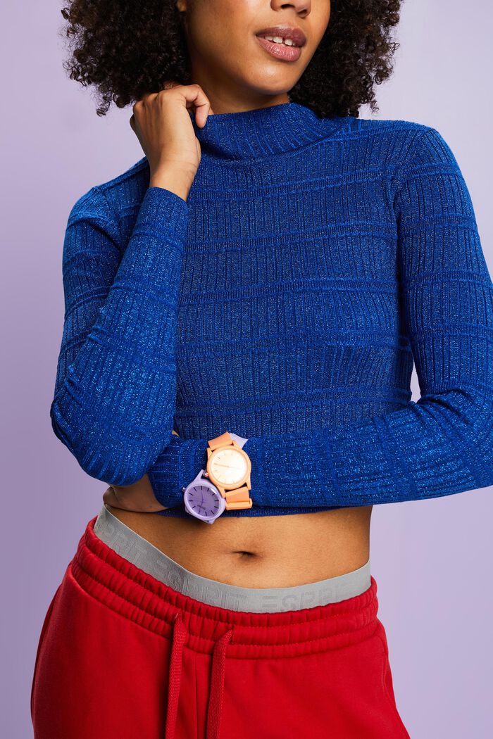 Cropped Lamé Mockneck Sweater, BRIGHT BLUE, detail image number 1