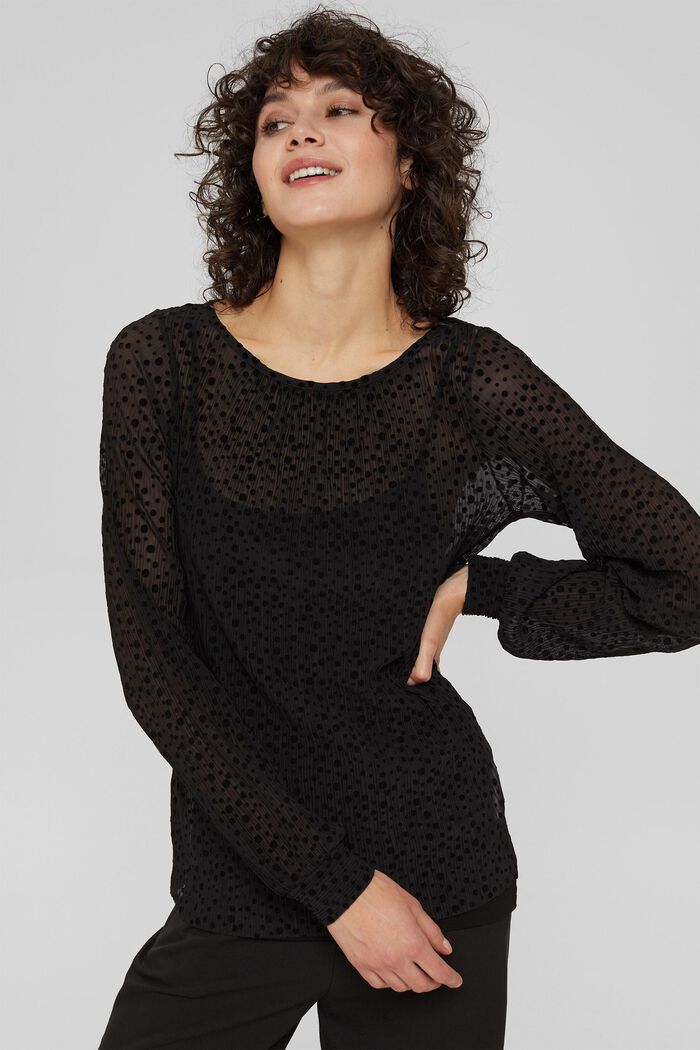 Mesh blouse with polka dots in a velvet look, BLACK, detail image number 0