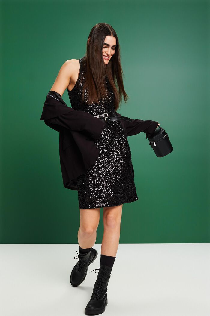 Sequined Sleeveless Neckholder Midi Dress, BLACK, detail image number 1
