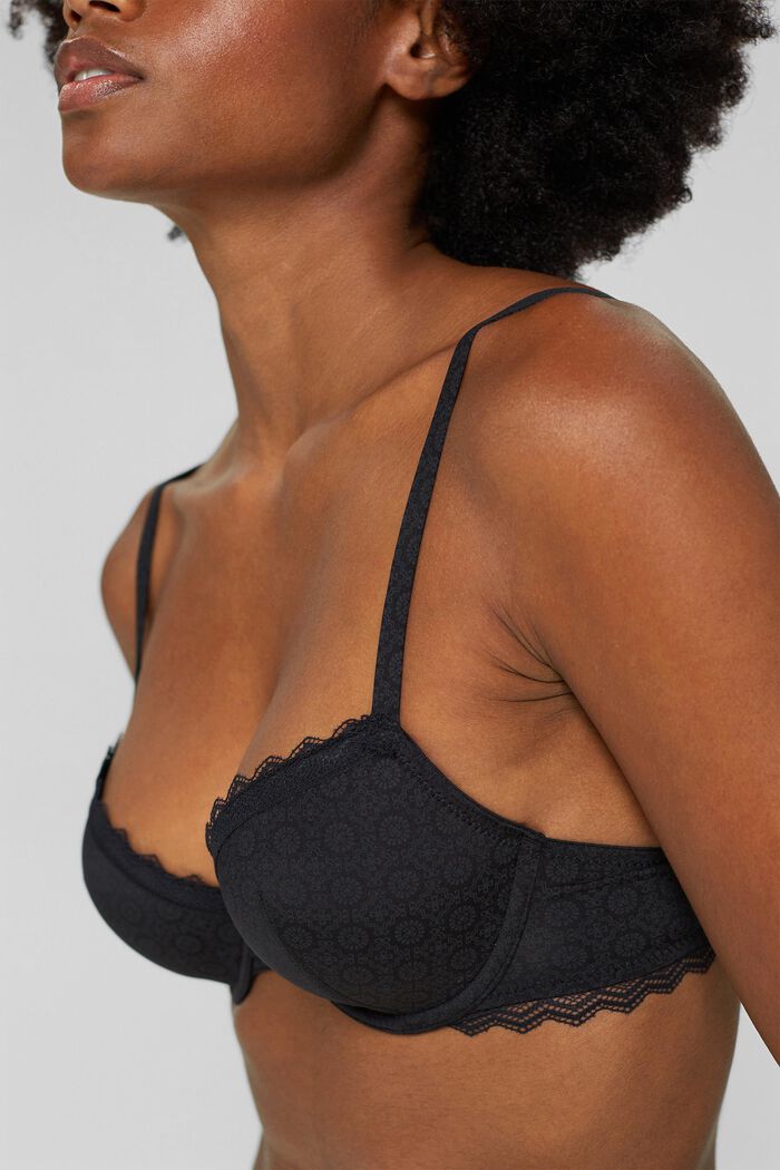Padded underwire bra with a print and lace, BLACK, detail image number 2