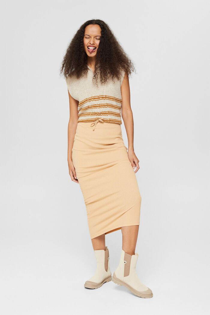 Ribbed jersey skirt made of organic cotton, BEIGE, overview