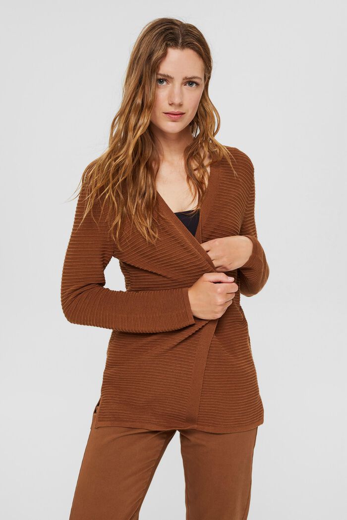Open ribbed cardigan made of organic cotton, TOFFEE, detail image number 0
