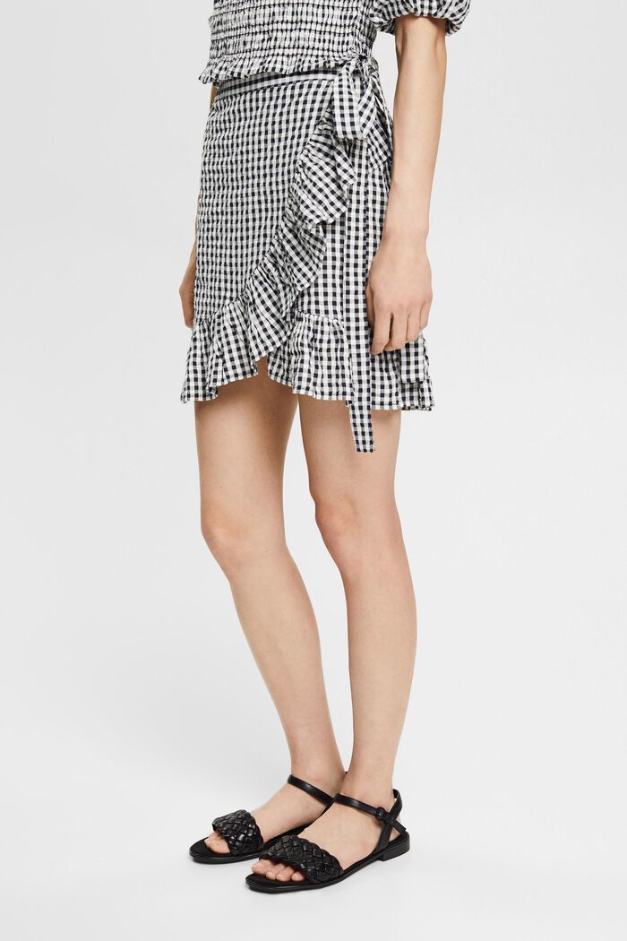Flounce wrap-over skirt with a check pattern, BLACK, detail image number 0