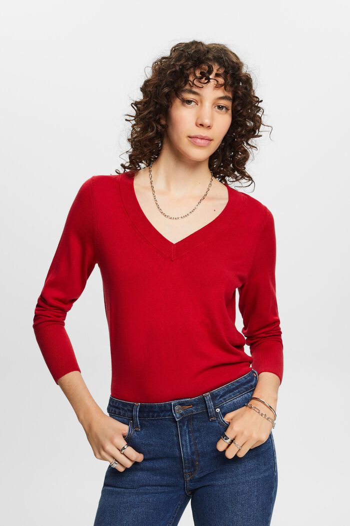 V-Neck Sweater, DARK RED, detail image number 0