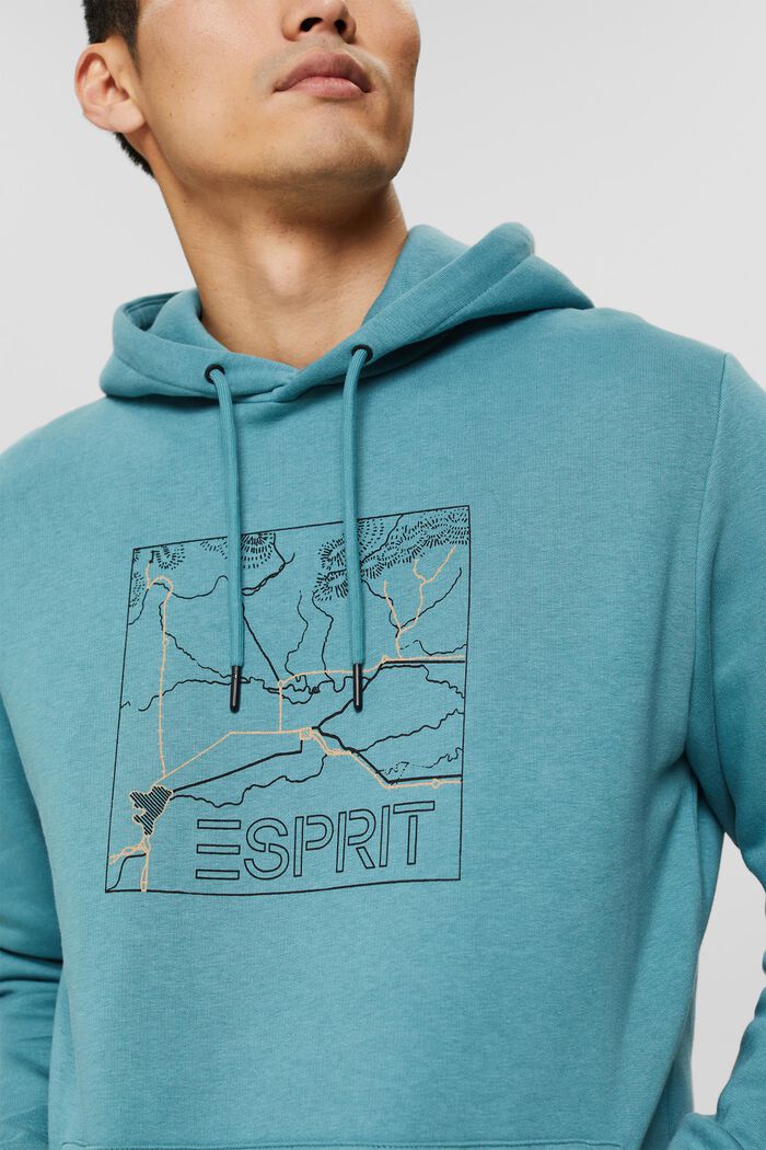 Made of recycled material: sweatshirt hoodie with print, TURQUOISE, detail image number 2