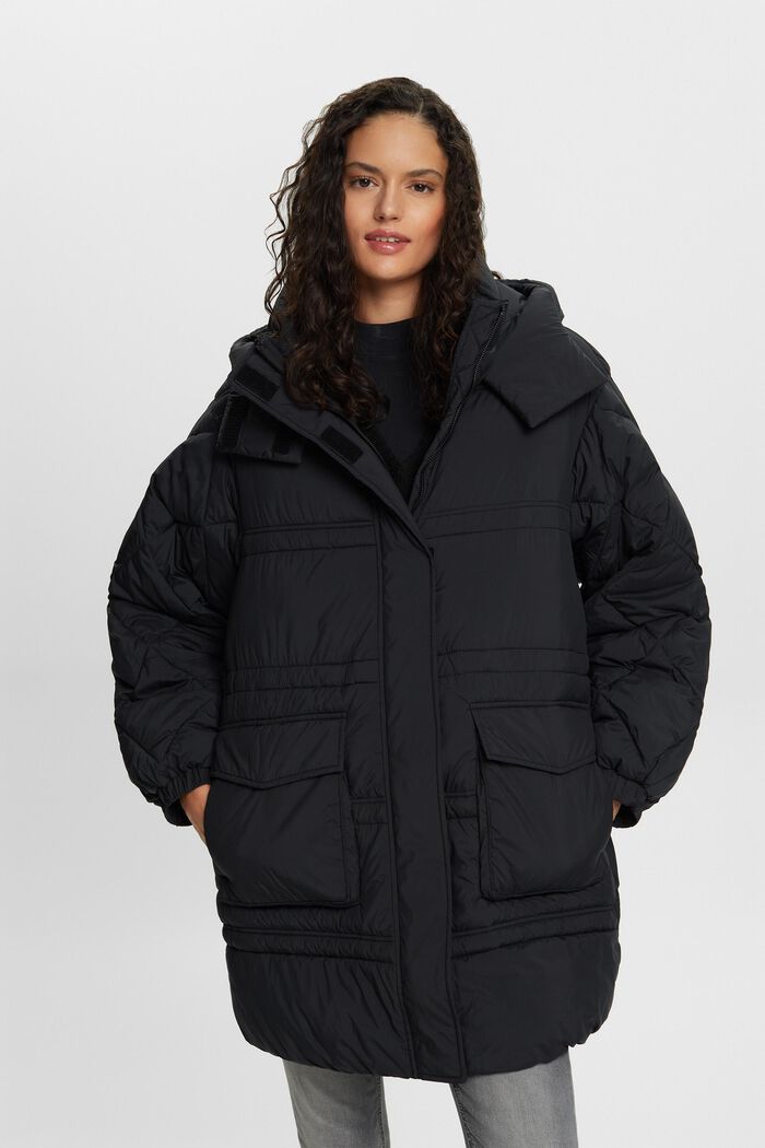 Recycled: quilted coat with hood, BLACK, detail image number 0