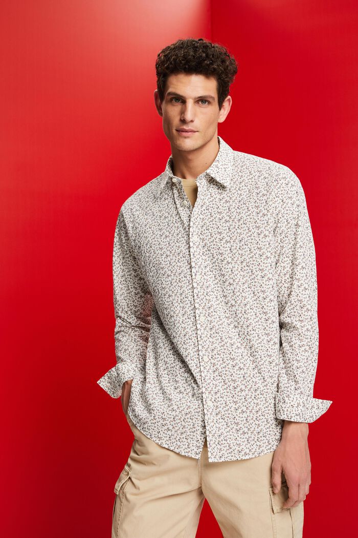 Patterned slim fit cotton shirt, OFF WHITE, detail image number 0