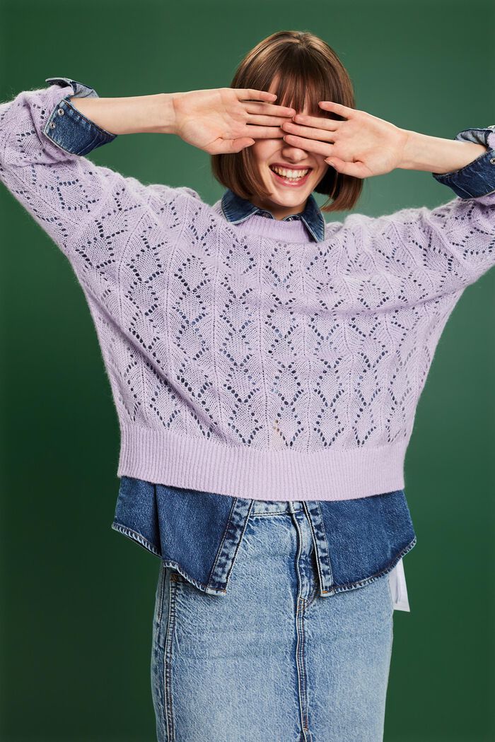 Open-Knit Wool-Blend Sweater, LAVENDER, detail image number 4