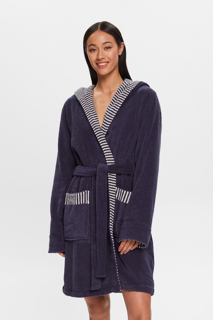 Terry cloth bathrobe with striped lining, NAVY BLUE, detail image number 0