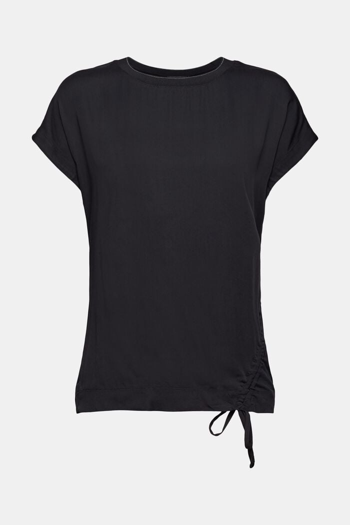 Material mix T-shirt with a side drawstring, BLACK, overview