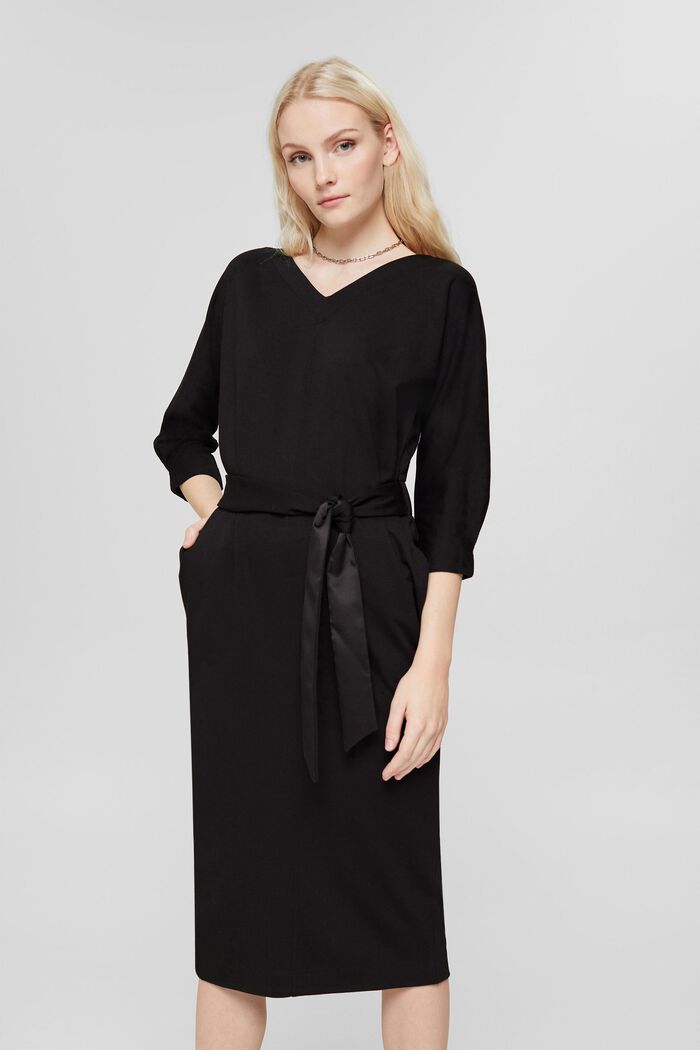 Knit dress with a fixed belt, BLACK, detail image number 0