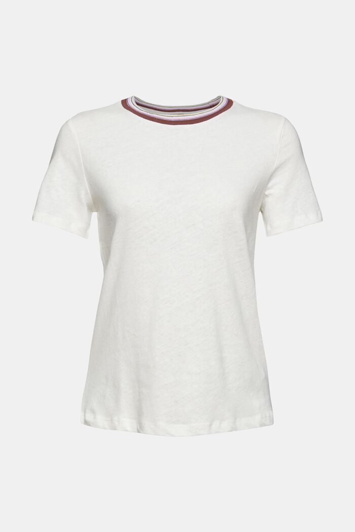 Linen blend: T-shirt with a striped neckline, OFF WHITE, detail image number 5