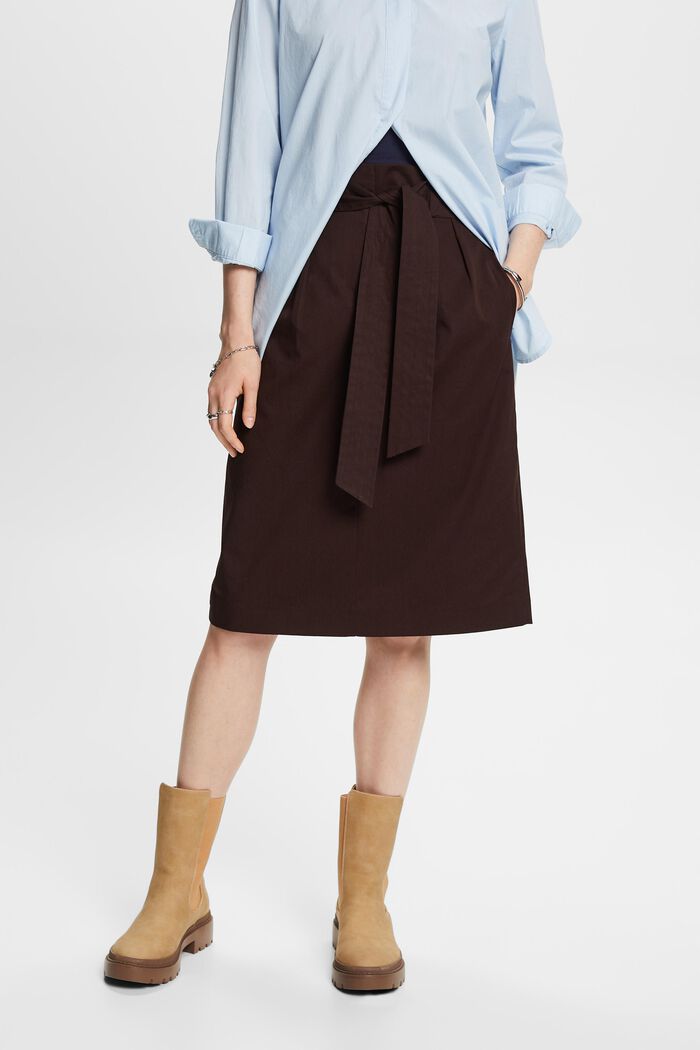 Belted knee length skirt, 100% cotton, DARK BROWN, detail image number 0