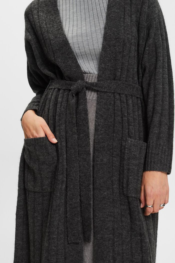 Belted Ribbed Knit Long Cardigan, ANTHRACITE, detail image number 1