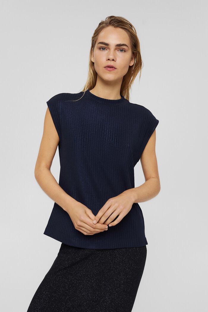 Glittering rib knit top made of recycled material, NAVY, detail image number 0