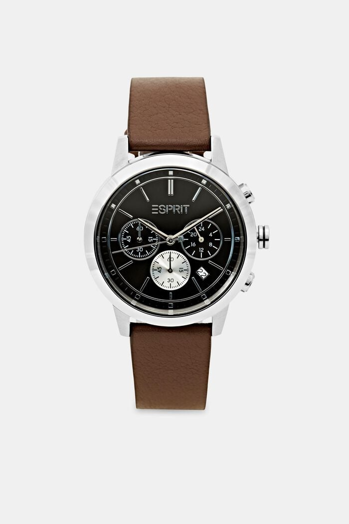 Chronograph with a leather strap, BROWN, overview