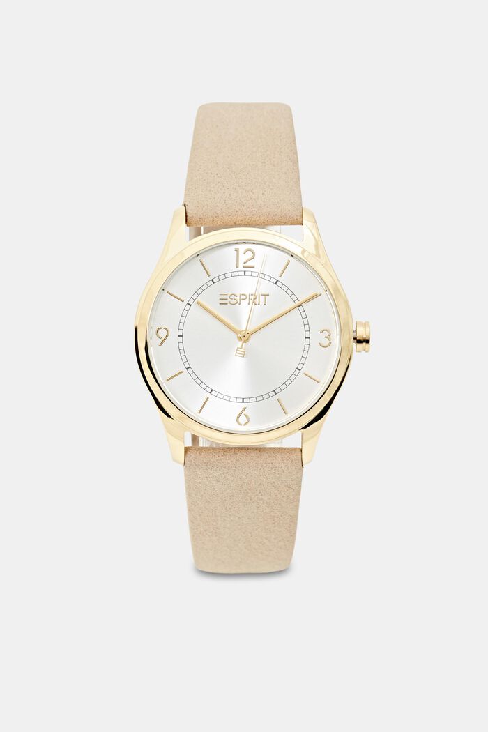 Vegan: stainless steel watch with a faux leather strap, BEIGE, overview
