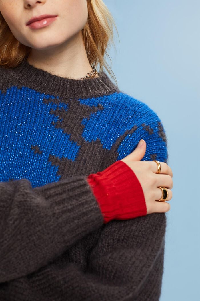 Metallic Jacquard Knit Sweater, DARK GREY, detail image number 3