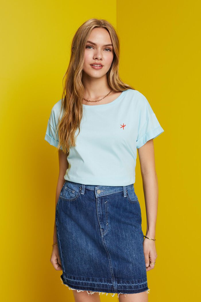 Embroidered T-shirt, 100% cotton, LIGHT TURQUOISE, detail image number 0