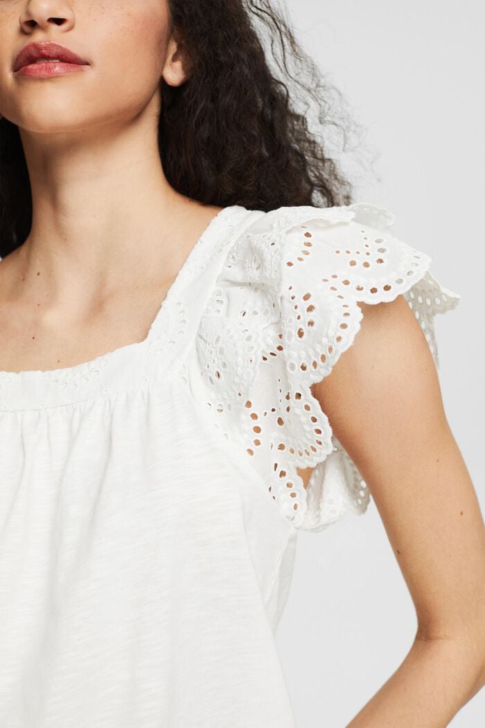 T-shirt with flounce sleeves in broderie anglaise, OFF WHITE, detail image number 2