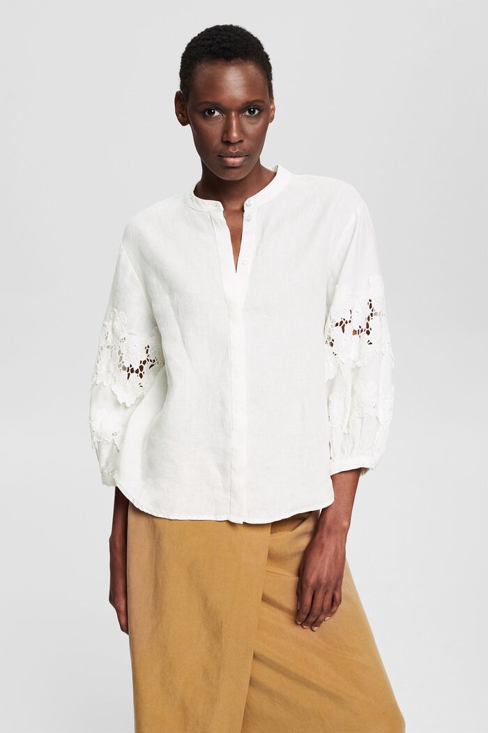 Linen blouse with floral embroidery, OFF WHITE, detail image number 0