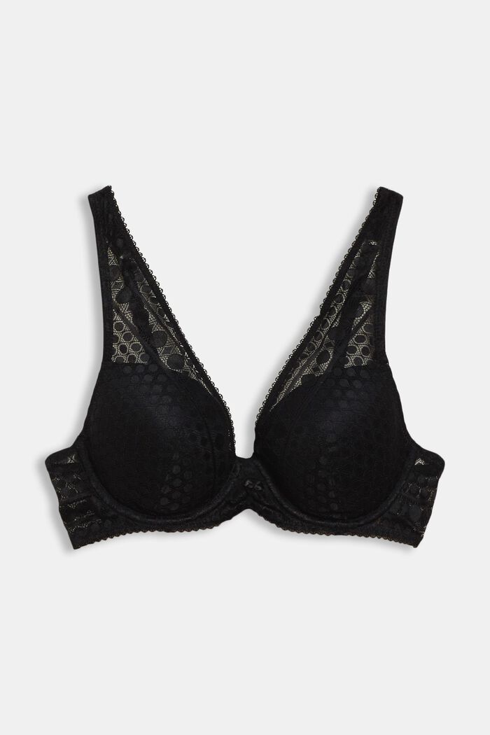 Padded underwire bra with geometric lace, BLACK, overview