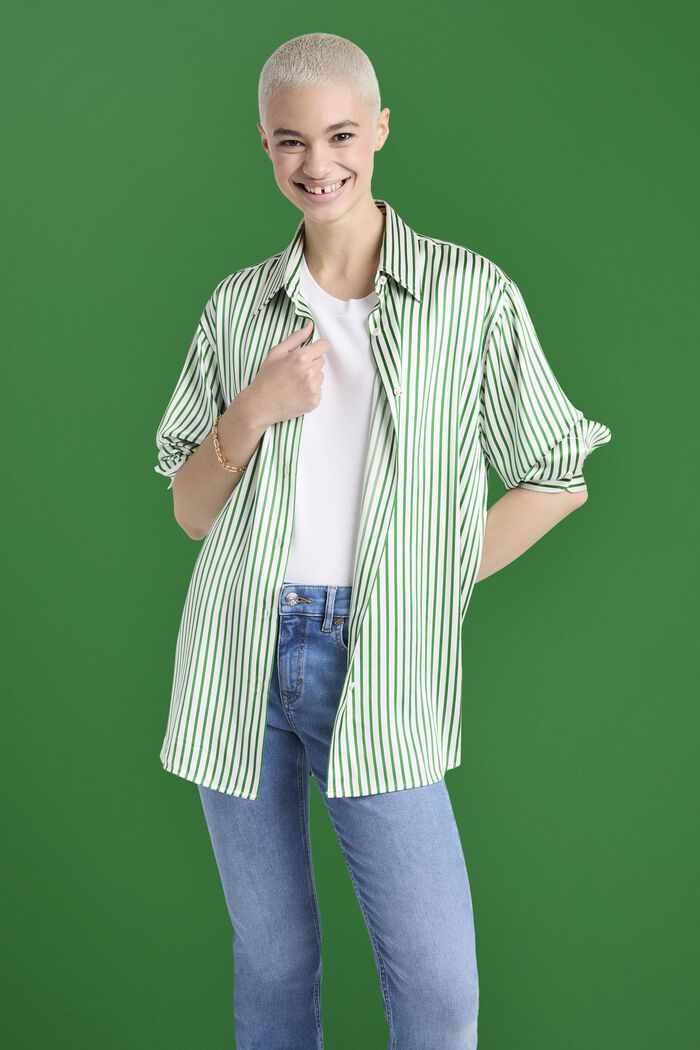 Striped Silk Charmeuse Shirt, GREEN, detail image number 0
