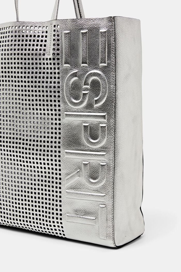 Logo Embossed Leather Tote, SILVER, detail image number 1