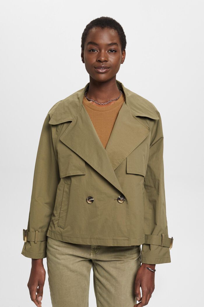 Short double-breasted trench coat, KHAKI GREEN, detail image number 0